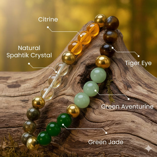 Beaded bracelet with labeled stones on a wooden surface